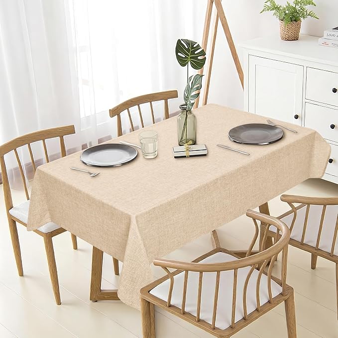 JIUZHEN Rectangle Table Cloth Faux Linen Farmhouse Tablecloth Wrinkle and Stain Resistant Decorative Fabric Table Cover for Kitchen, Dining Room, Parties and Camping, Beige, 70 x 108 Inch