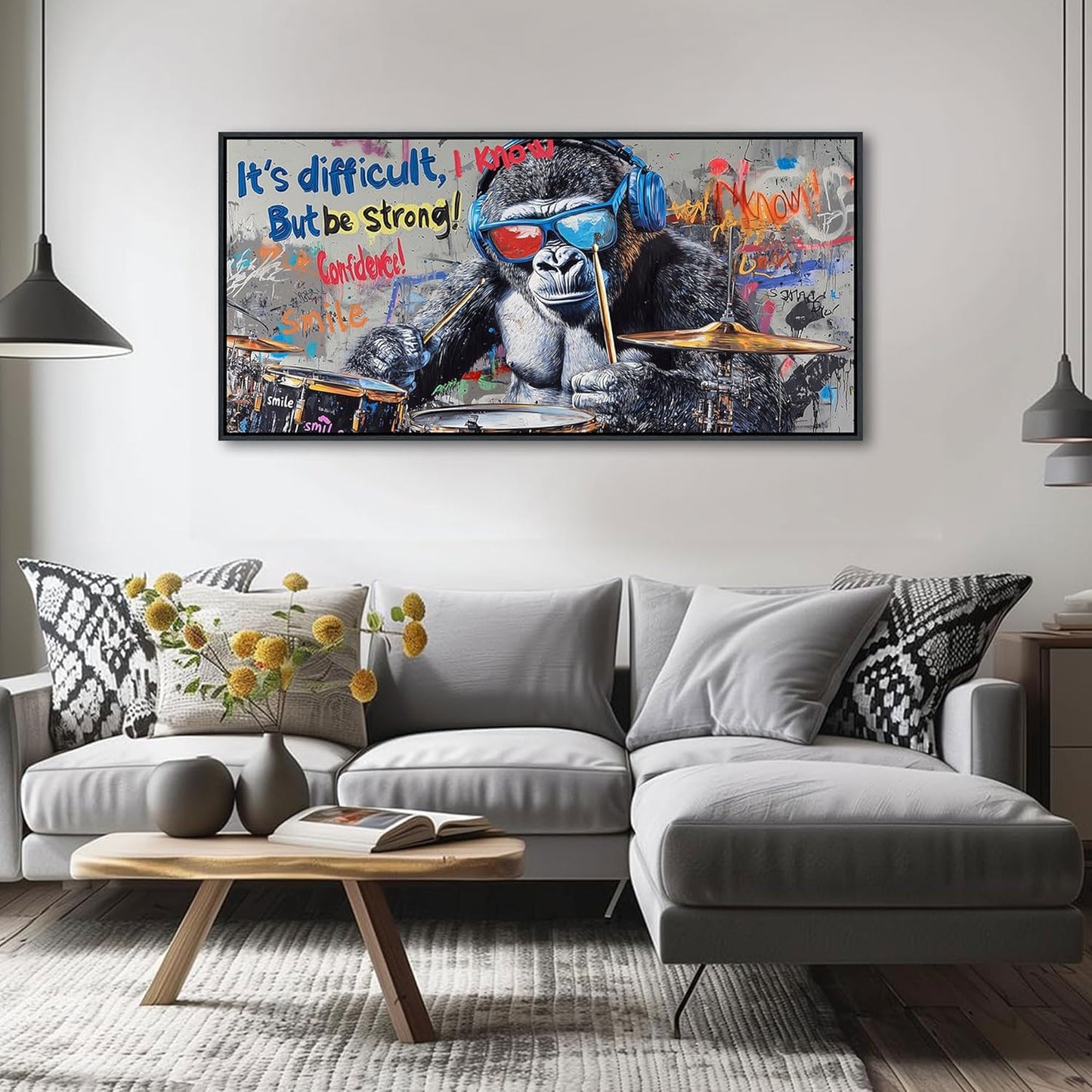 QZQCBLC Large Canvas Wall Art - Abstract Graffiti Gorillas Playing Drums Street Paintings Artwork Black White Pictures for Living room Bedroom Bar Men's Teenager Game Room Home Decor 24X48
