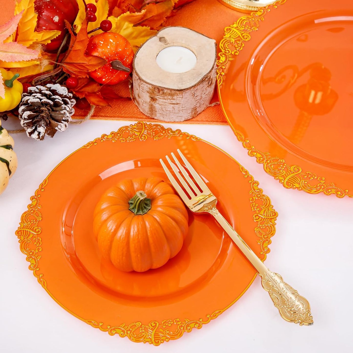 102PCS Orange Plastic Plates - Orange and Gold Disposable Plates - Party Plate with Gold Rim - Vintage Disposable Plate Serving for 51Guests for Thanksgiving & Halloween Party