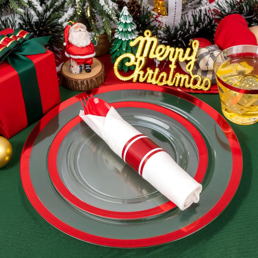 Liacere 350PCS Clear and Red Plastic New Year Plates and Napkins for 50Guests Plastic Dinnerware Set:100 Red Disposable Plates 50 Pre Rolled Napkins with Cutlery,50 Cups for Party＆Christmas