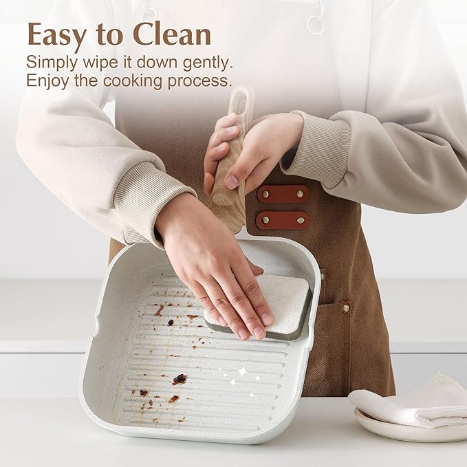 SENSARTE Nonstick Ceramic Grill Pan for Stove Tops, Square Grilling Pan with Pour Spouts, Non Toxic Durable Grill Skillet for All Stoves(Gas,Electric,Induction) PTFE,PFAS,PFOA Free, 12Inch (White)