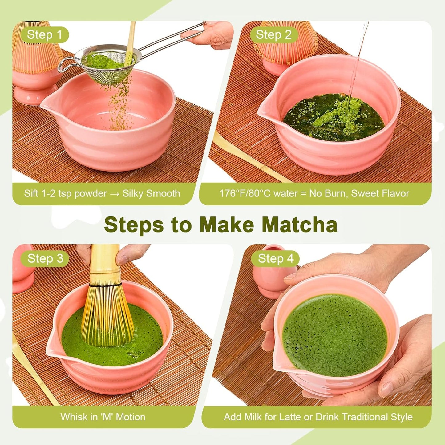 Matcha Set, 5 Pcs Matcha Whisk Set Includes Ceramic Matcha Bowl with Spout, Bamboo Matcha Whisk Chasen, Holder,Scoop,Sifter, Matcha Kit for Making Breakfast & Latte, Gift for beginners(Pink)