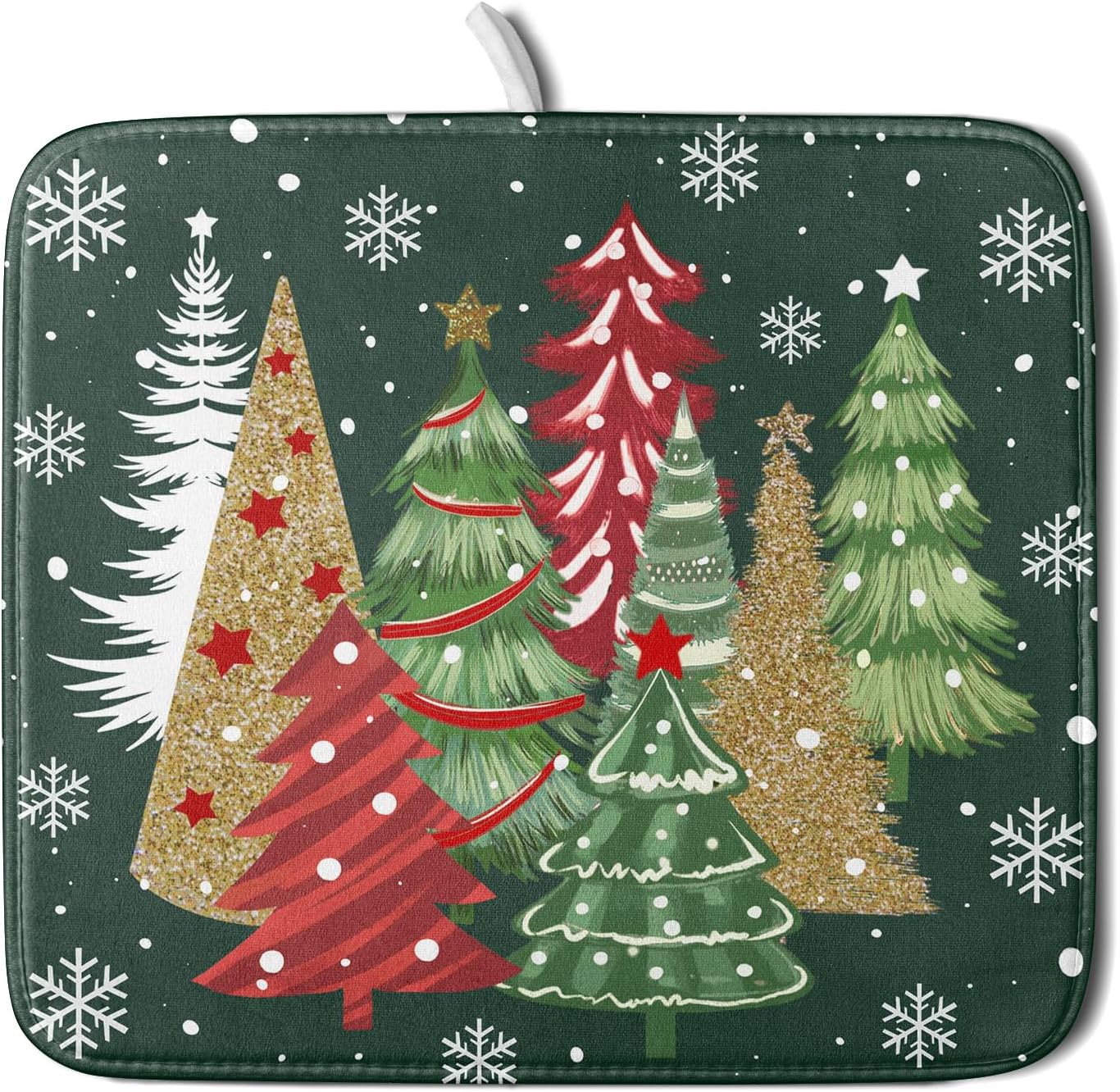Christmas Green Dish Drying Mats 16x18 Inch, Farmhouse Gold Red Xmas Pine Trees Winter Holiday Absorbent Fast Dry Microfiber Dishes Drainer Rack Pad Farmhouse Rustic Holiday Kitchen Decor