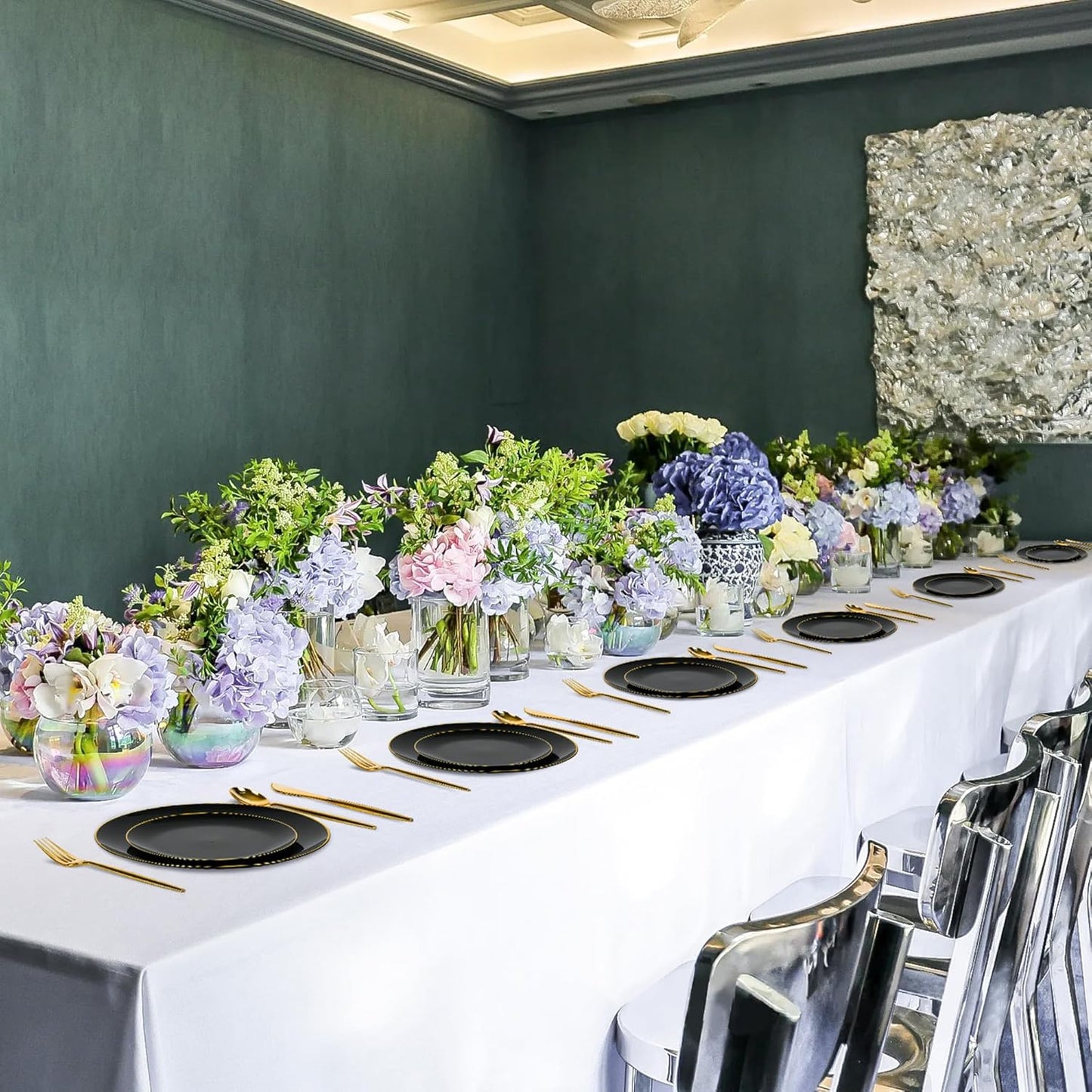 I00000 150Pcs Black Plastic Plates,Heavy Duty Black Plates for 30 Guests,Plastic Dinnerware Set Include 30 Dinner Plate,30 Dessert Plate,90 Gold Cutlery Set for Party