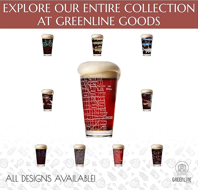 Greenline Goods Beer Glasses - 16 oz Drinkware Set for Chicago lovers - Set of 2 - Etched with Chicago, IL Map | Premium Decorative Glassware