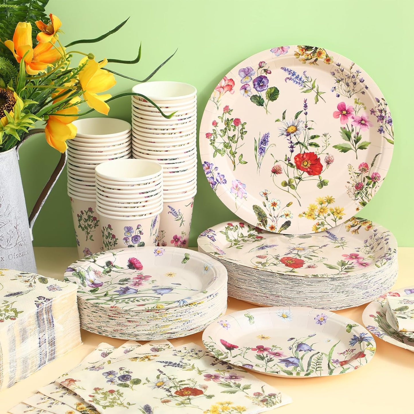 250 Pcs Wildflower Party Decorations Include Spring Summer Floral Paper Plates Napkins and Cups for Wildflower Baby Shower Tea Decorations, Serve 50 Guest(Multicolor,Rustic Style)