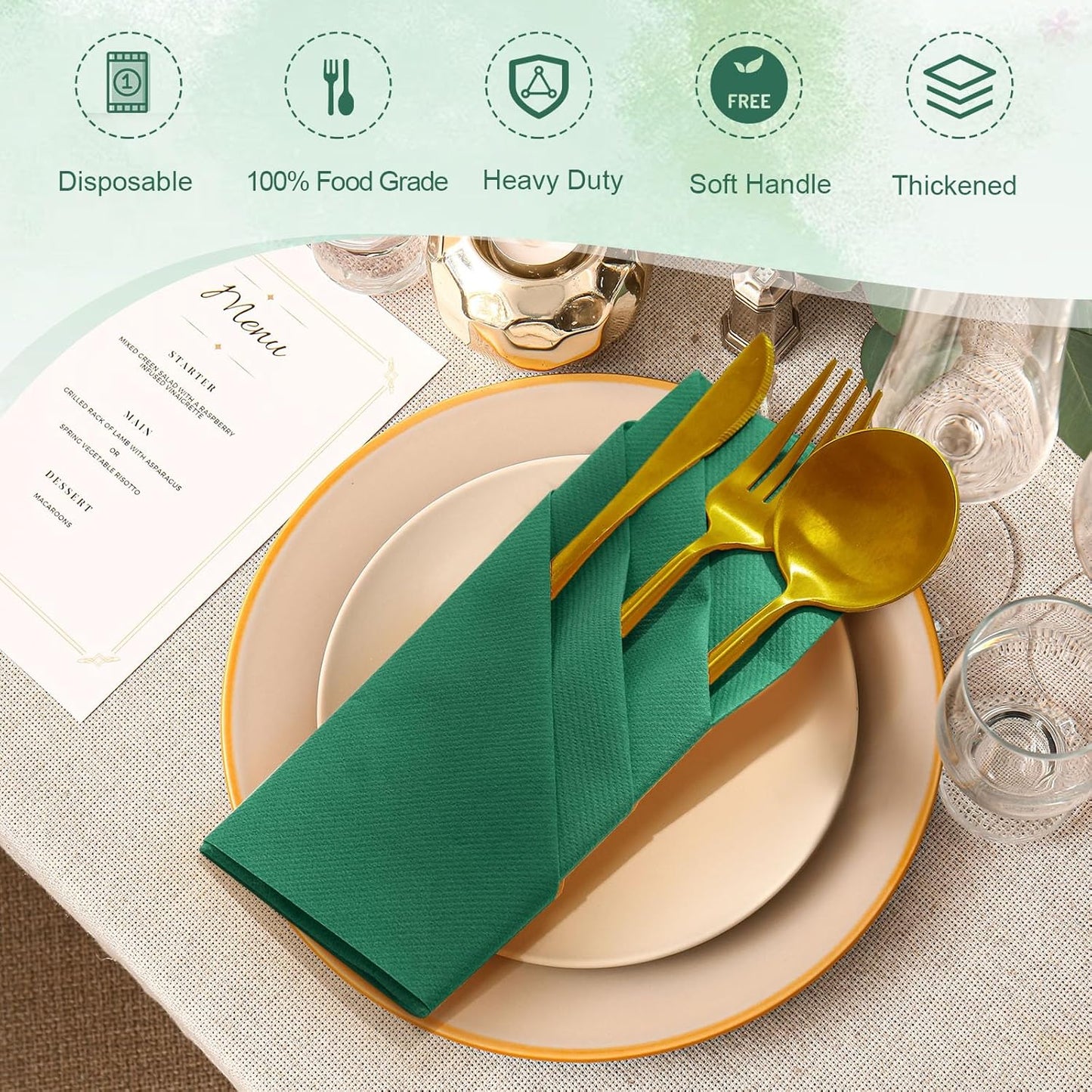 Qilery 50 Pcs Paper Linen Napkins Disposable Airlaid Paper Prefolded Dinner Napkins with Built in Flatware Pocket for Silverware Valentine Wedding Party Christmas Day (Lake Green)
