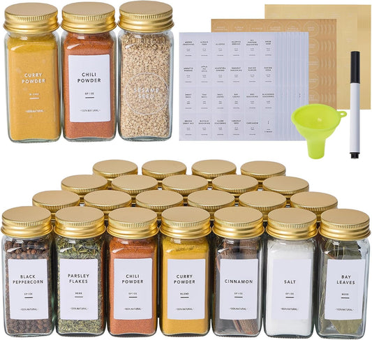 36 Pcs Glass Spice Jars with 576 Labels, 4oz Empty Square Spice Containers,Seasoning Bottles with Gold Metal Caps - Shaker Lids, Funnel and Pen Included