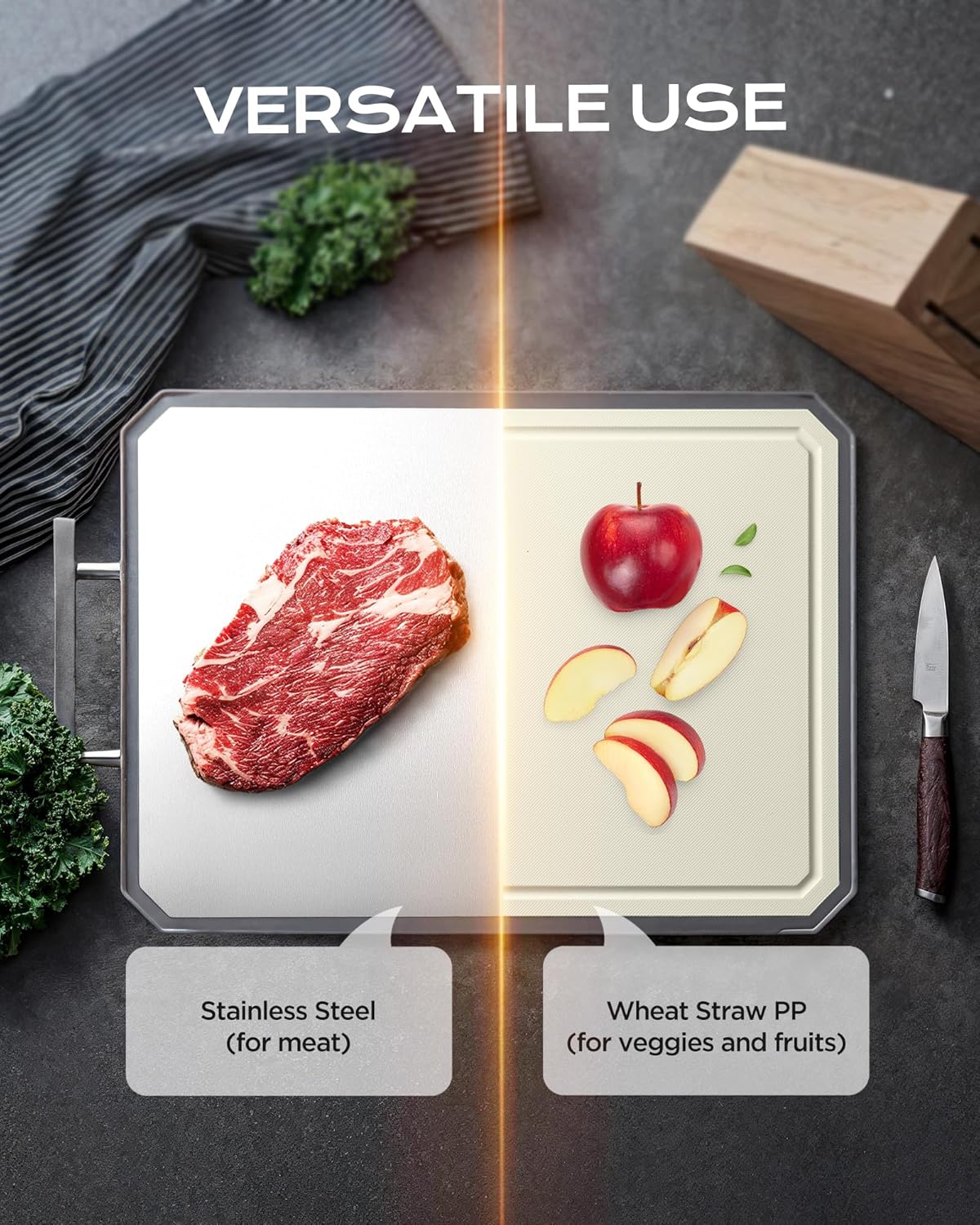 EXTRA LARGE Cutting Board,Double Sided Stainless Steel Cutting Boards Set for kitchen,Stainless Steel/Wheat straw pp Cutting Board for meat,Dishwasher Safe [20 * 13.8+16 * 11+12 * 8.3 Inch]