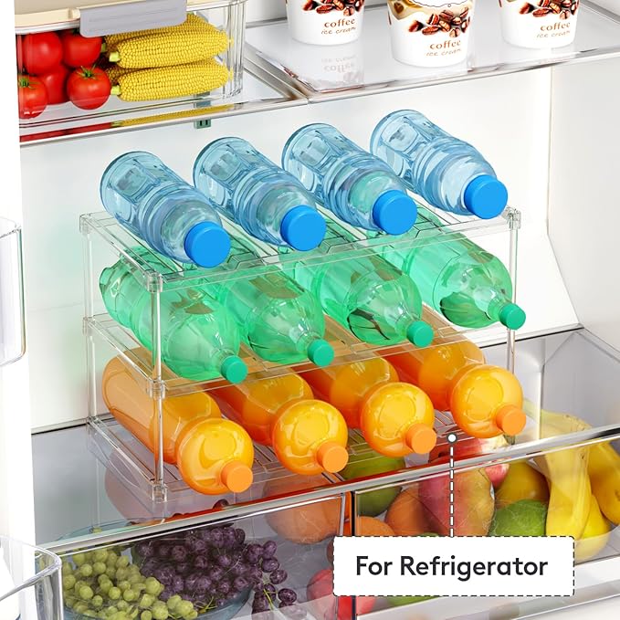 Lifewit Stackable Water Bottle Storage Organizer, Clear Tumbler Cup Mug Organizer, Plastic Large Compartment Wine Rack for Fridge Cellar Kitchen Pantry Storage, 3Tier Hold 12