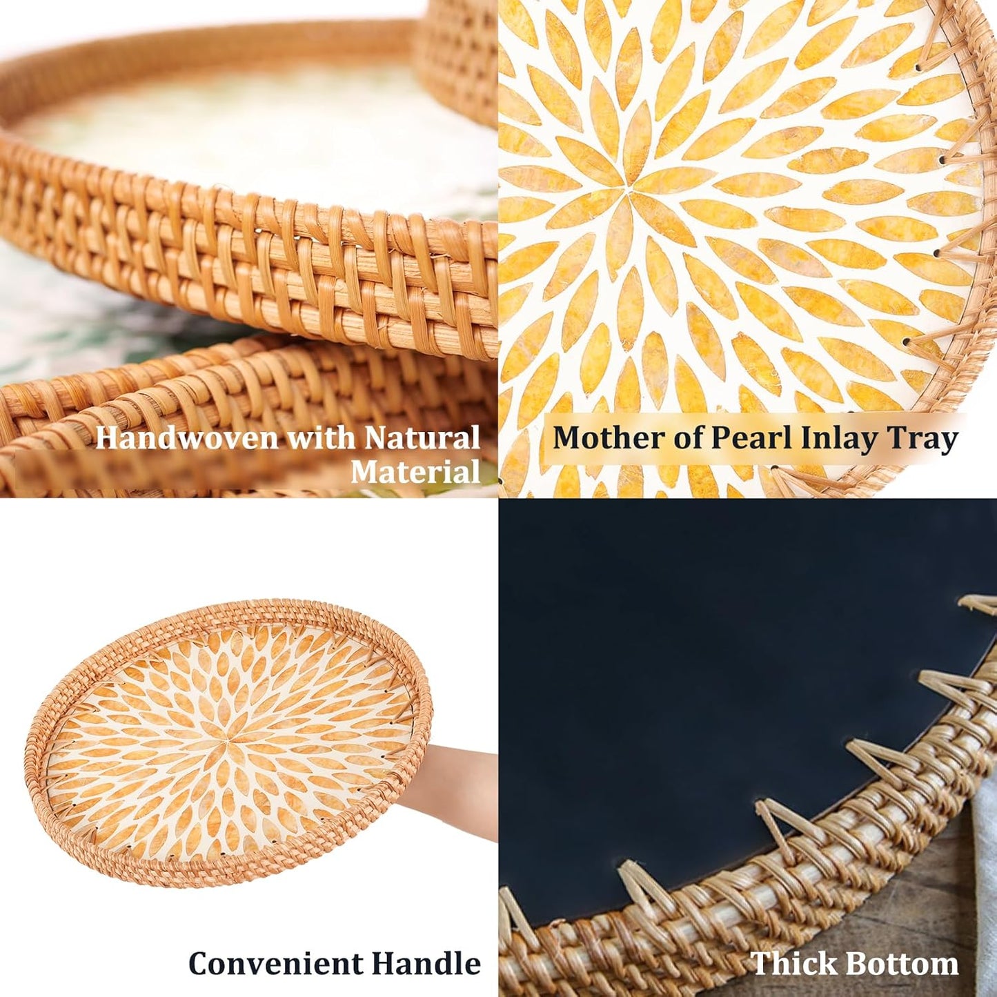 Round Rattan Tray with Mother of Pearl Inlay, Rattan Serving Tray for Coffee, Bread, Fruits, Decorative Wicker Tray for Table Decor, Home Decor, Kitchen Island Decor (Amber Leaf, 11.8")