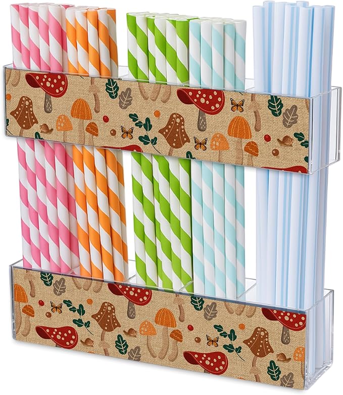 Acrylic Straw Holder for Cabinet Door or Countertop - Clear Organizer & Dispenser with 3 Sets of Decorative Stickers for Reusable Straws, Space-Saving Kitchen Storage, Pantry Organizer
