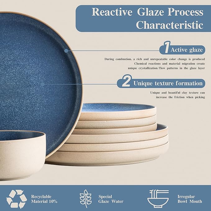 12 Pieces Dinnerware Sets,Plates and Bowls Sets,Handmade Reactive Glaze Dishes Set for 4 with at Least 10% Recycled Ceramic and the Raw Texture of the Clay (Reactive-Blue)