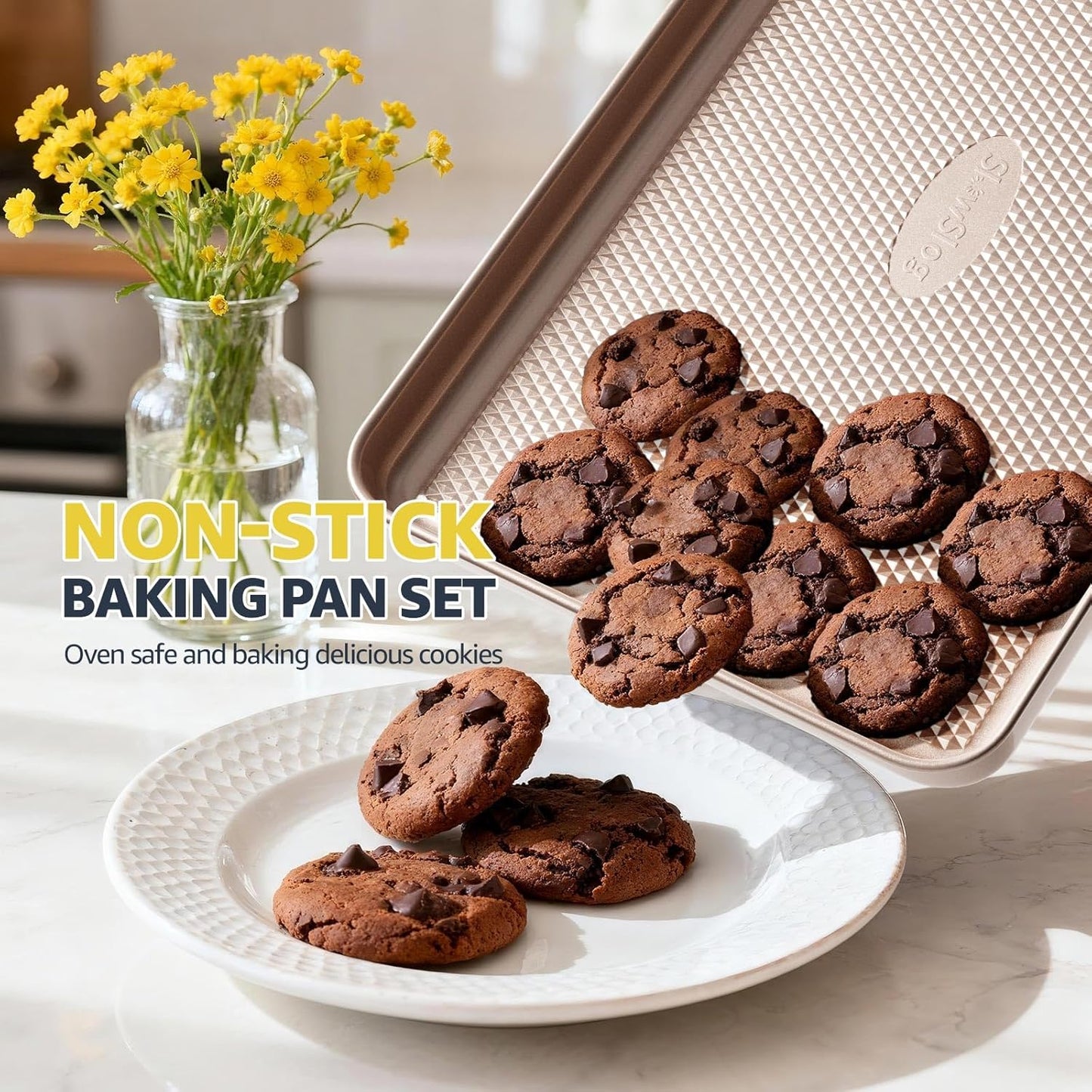 3Pcs Baking Sheet Pan Set, Large Nonstick Cookie Sheets Set, Jelly Roll Pans, Heavy Duty Carbon Steel Cookies Sheet for Oven, Diamond Texture, Gold