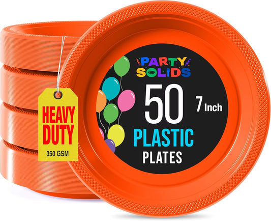 Exquisite Party Solids Orange Plastic Plates For Party Supplies 7" Orange Disposable Plates Heavy Duty 50 Pcs Plastic Dinnerware Sets Heavy Duty 350 GSM Disposable Dinnerware Set