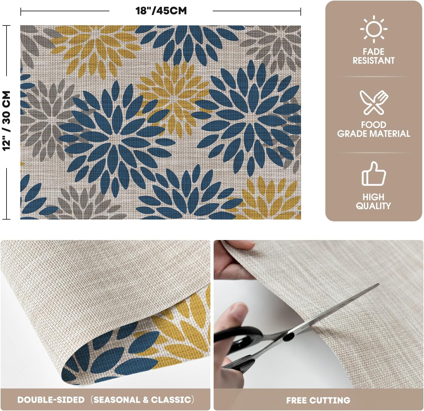 Artoid Mode Floral Vinyl Placemats Set of 4, Heat Resistant Washable Non-Slip Plistic PVC Place Mats for Party Kitchen Dining Decor, Blue Yellow