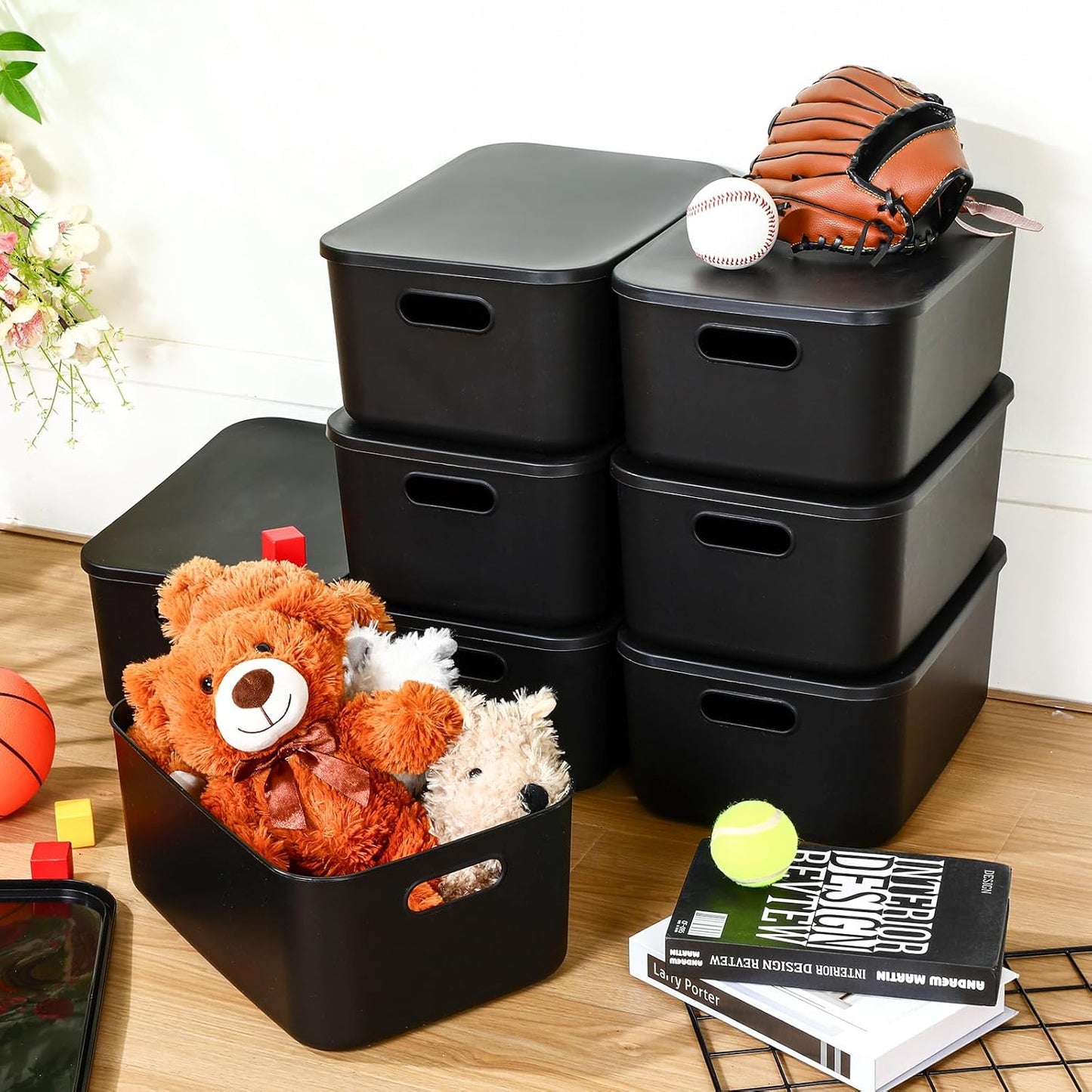 Hoolerry 8 Pieces Colorful Storage Bins with Lid, Plastic Storage Basket Organizing Container Stackable Box with Handle for Shelves Desktop Playroom Office(13.8 x 9.8 x 5.9 Inch,Black)
