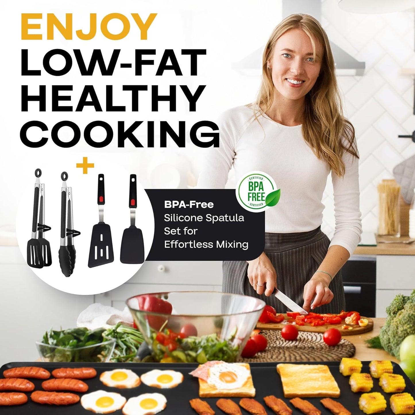 Premium Electric Griddle 36" with Silicone Cooking Utensils Set - Extra Large Portable & Nonstick Electric Grill for Outdoor Use with Adjustable Heating - Smokeless Indoor Grill by IDL Packaging