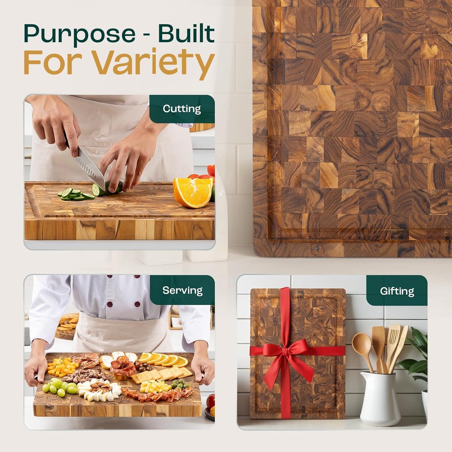 Yes4All Large Teak Cutting Boards for Kitchen, 20"x15"x1.5" End Grain Butcher Block with Food-Friendly Surface, Durable Wood Chopping Board with Juice Grooves and Easy-Grip Handle for Home Prep