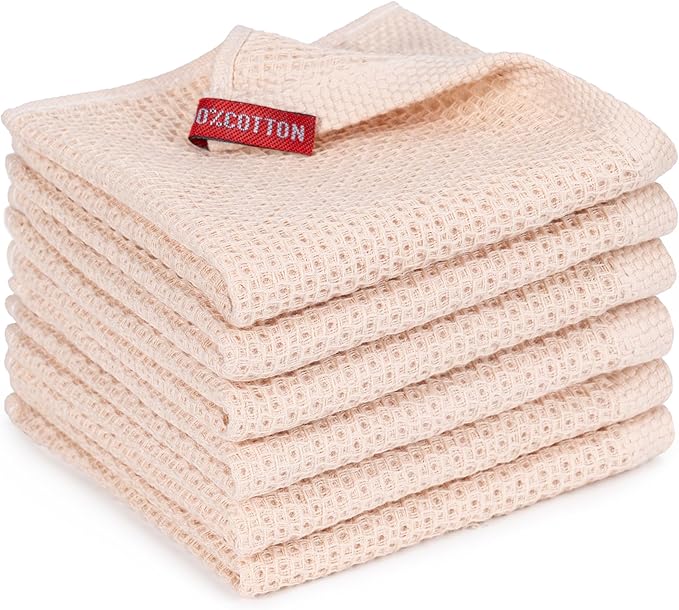 6-Pack Kitchen Dish Cloths, 100% Cotton Waffle Weave, Ultra Soft Absorbent, Quick Drying Dish Towels, 12x12 Inches, Beige