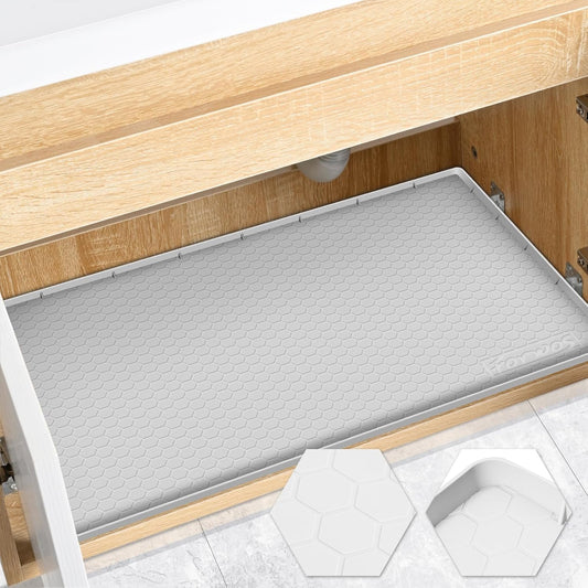 Waterproof Under Sink Mat 28" x 19", Silicone Cabinet Liner, Rubber Protector for Kitchen and Bathroom, Keeps Cabinets Clean, Dry, and Organized (Light Grey)