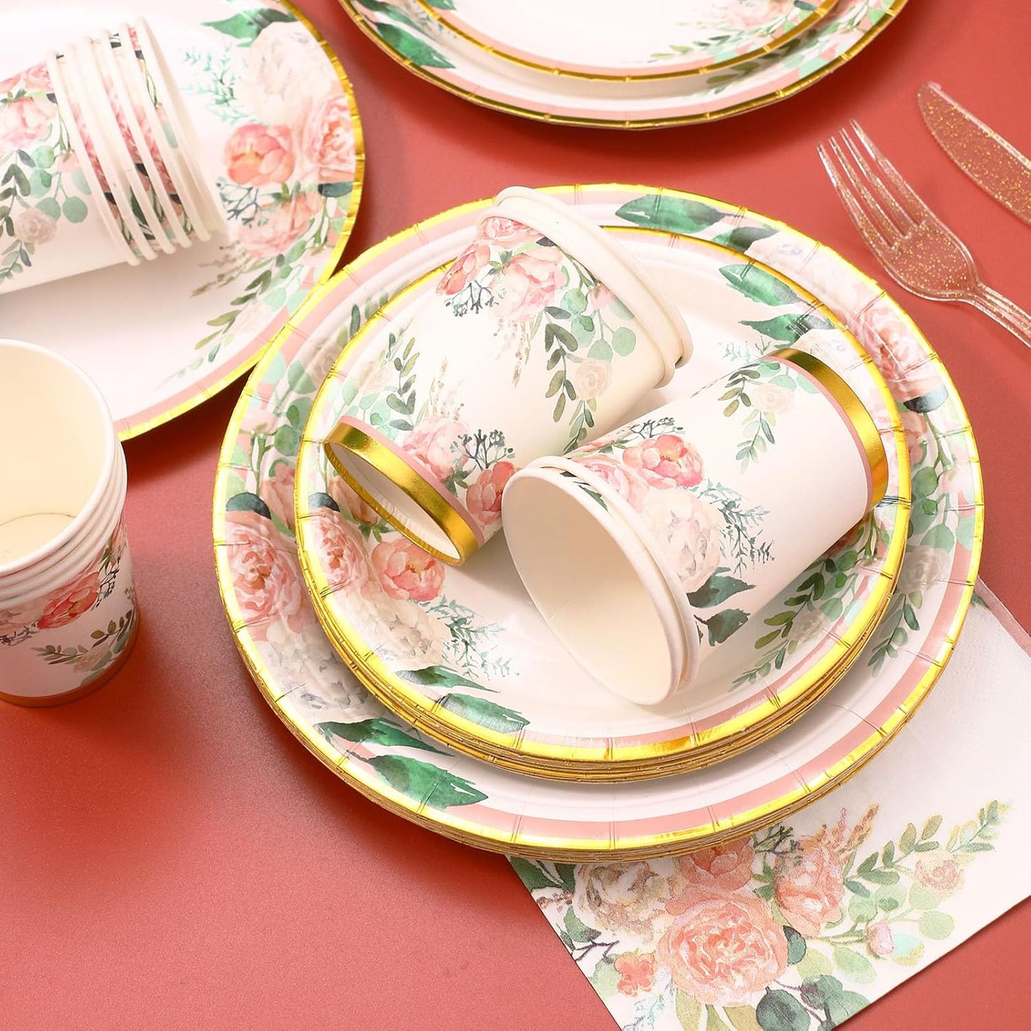 Floral Party Supplies - Bridal Shower Paper Plates & Napkins Set for 24 Guests - Disposable Dinnerware: Plates, Cups, Cutlery for Baby Shower, Tea Party