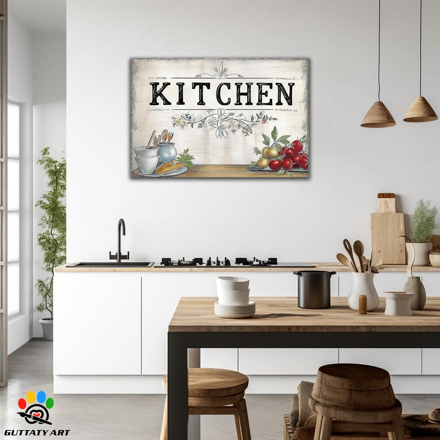 GUTTATY Farmhouse Wall Art Rustic Kitchen Decor, Ready to Hang Kitchen Canvas Print Spoon And Tomato Retro Posters Prints for Dinning Room Home Kitchen Restaurant Painting 32×48 Inch