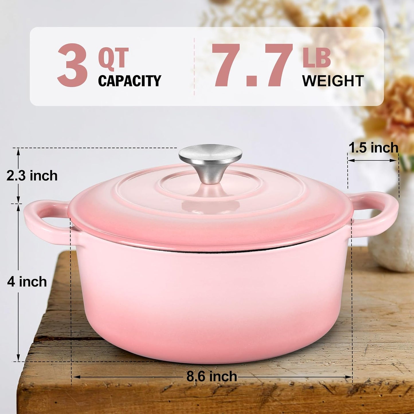 Small 3 Quart Dutch Oven, HaSteeL Round Cast Iron Cooking Pot with Lid, Nonstick Enameled Cookware for Sourdough Bread Baking Roasting Stewing Braising Frying, Heavy Duty & Oven Safe 500℉, Pink
