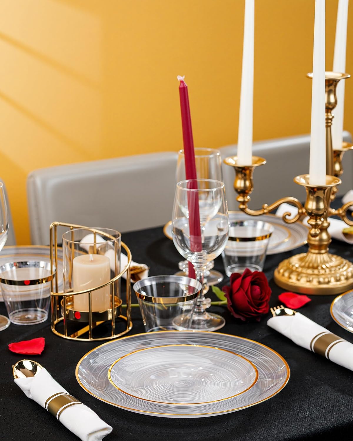 Morejoy 350PCS Clear Gold Plastic Plates - Disposable Gold Party Plates & Pre Rolled Napkins with Cutlery for 50 Guests, 100Plates, 150Silverware, 50Cups, 50Napkin for Party & Thanksgiving