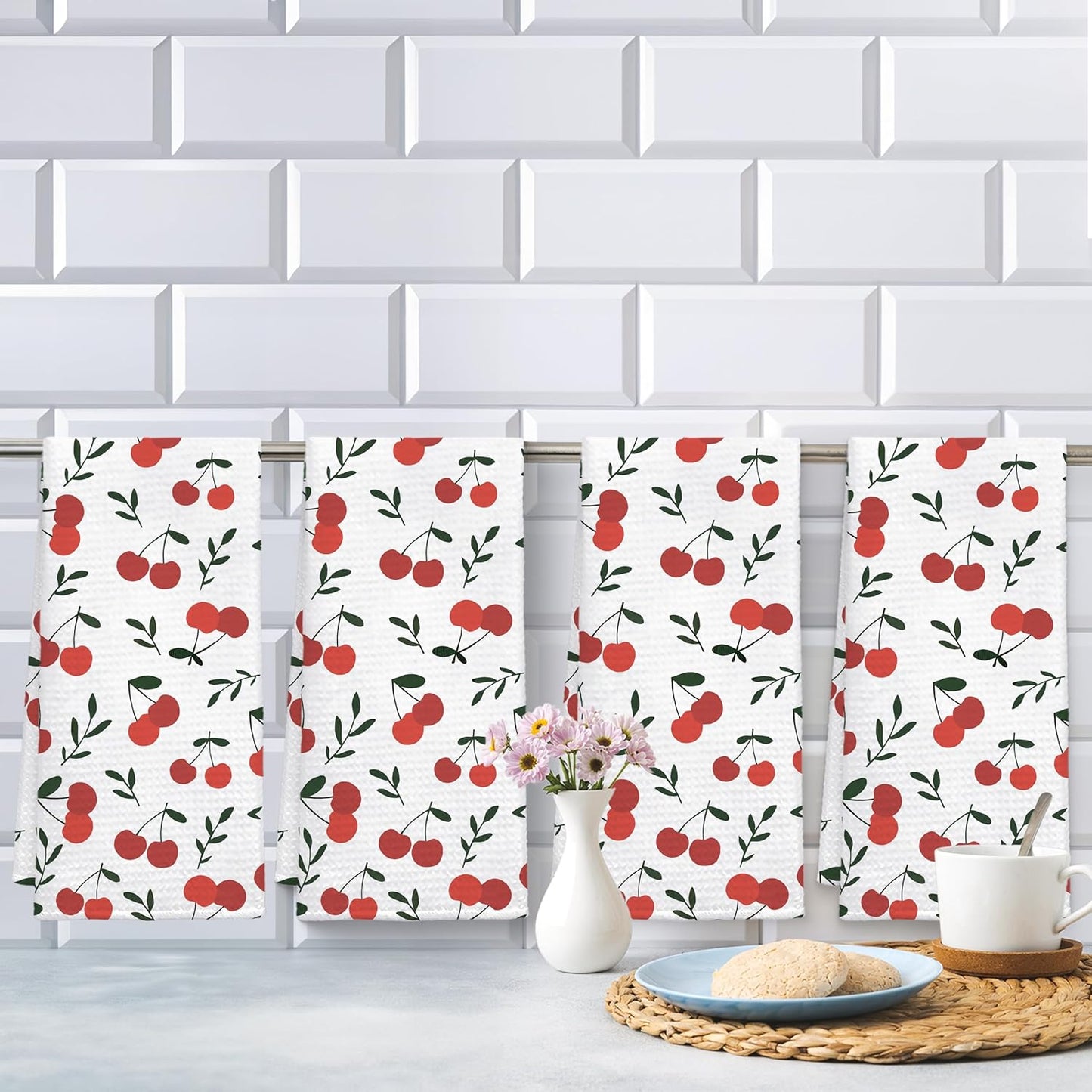 Cherry Decor Kitchen Towels Set of 4, Cherry Hand Towels Dish Towels for Kitchen Bathroom Decor, Fruit Lover Gifts, 16x24 Inches