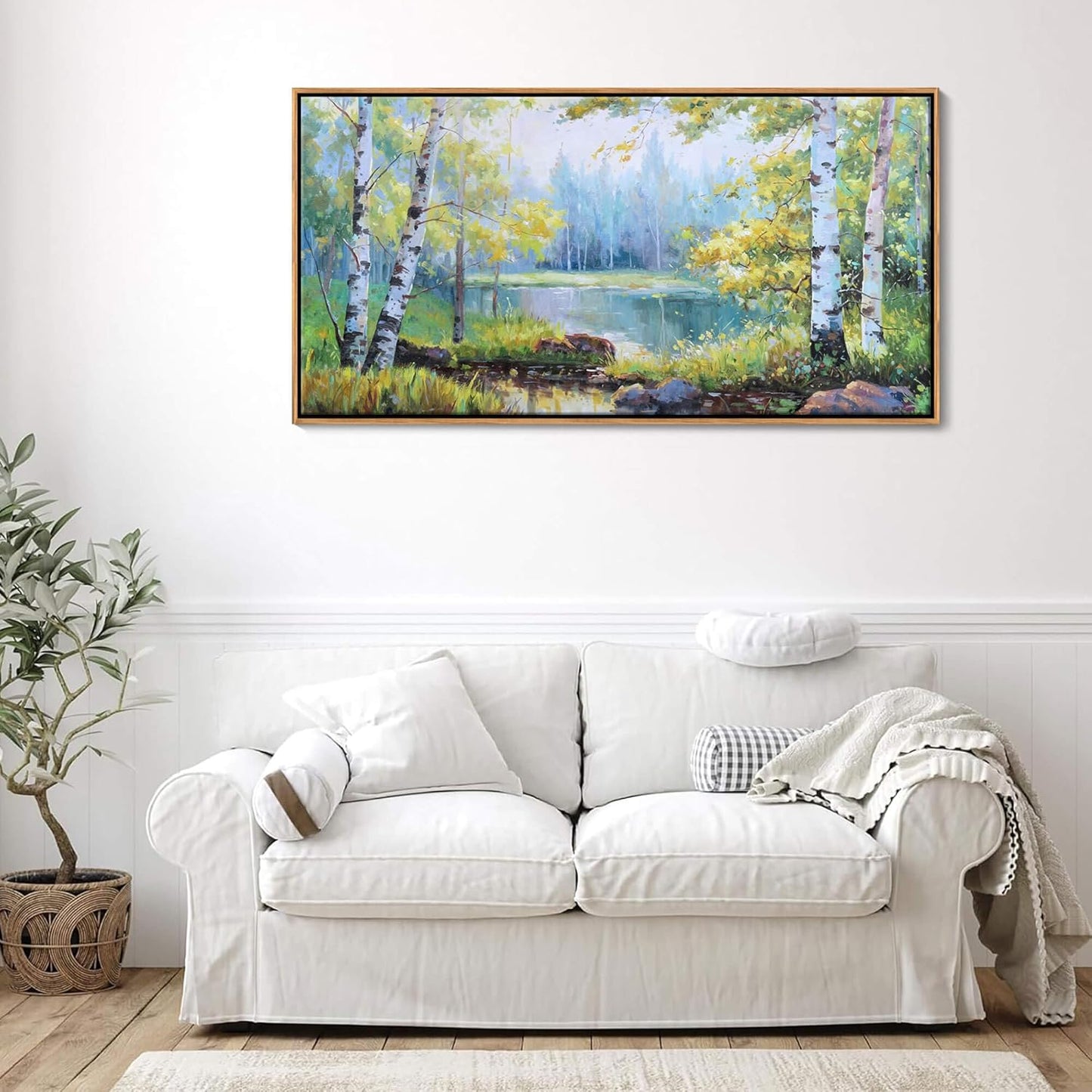 YCPRIMER Forest Wall Art - Birch Tree Canvas Wall Decor Green Trees Picture for Living Room Lake Forest Landscape Painting Home Bedroom Decoration Green and White Framed Artwork Decor 24×48IN