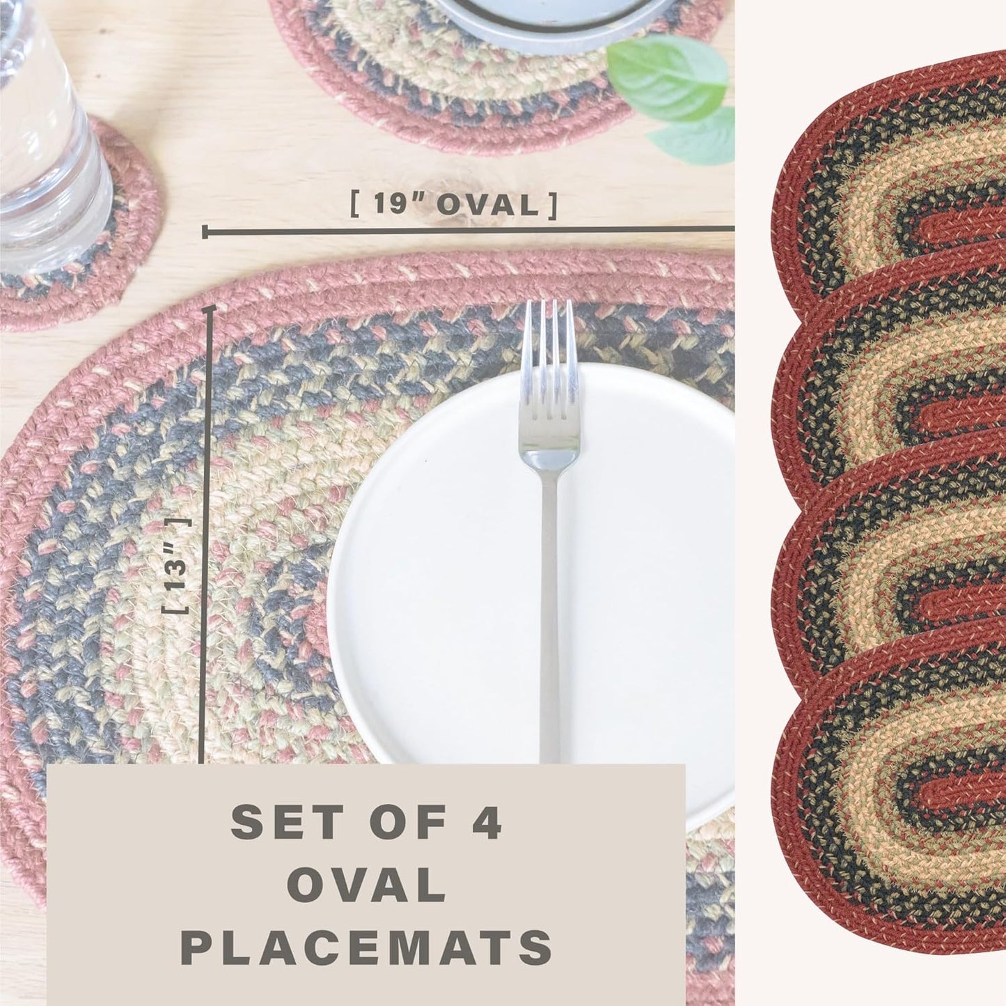 Homespice Highland Jute Braided Placemats, Warm Country and Lodge Decor, Set of 4, Multicolor 13x19 Oval Table Mats - Vibrant Colors, Durable, Easy to Clean and Protects Furniture