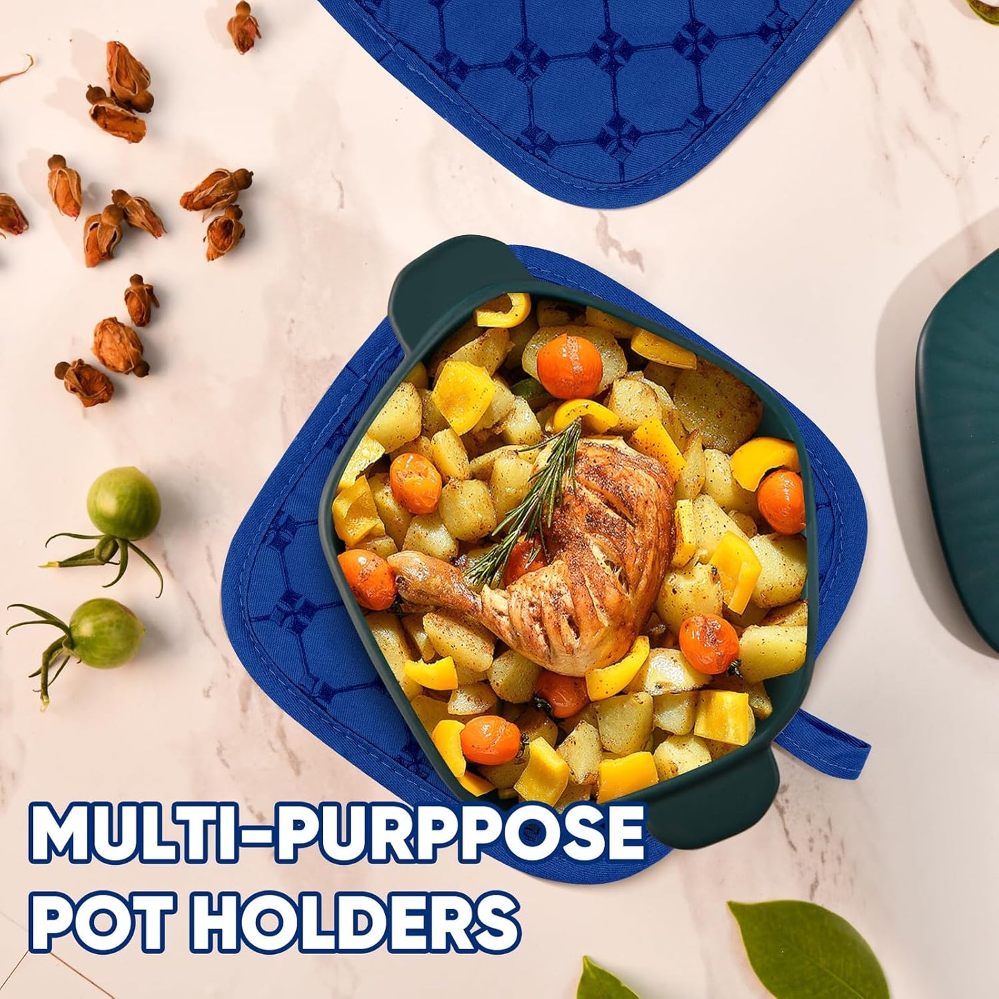 Oven Mitts Kitchen Towels Dishcloths with Pot Holders Sets, Dish Towels Sets, Oven Gloves Pot Pads Heat Resistant 500 Degrees with Non-Slip Silicone Surface for Cooking Baking Grilling-Royal Blue