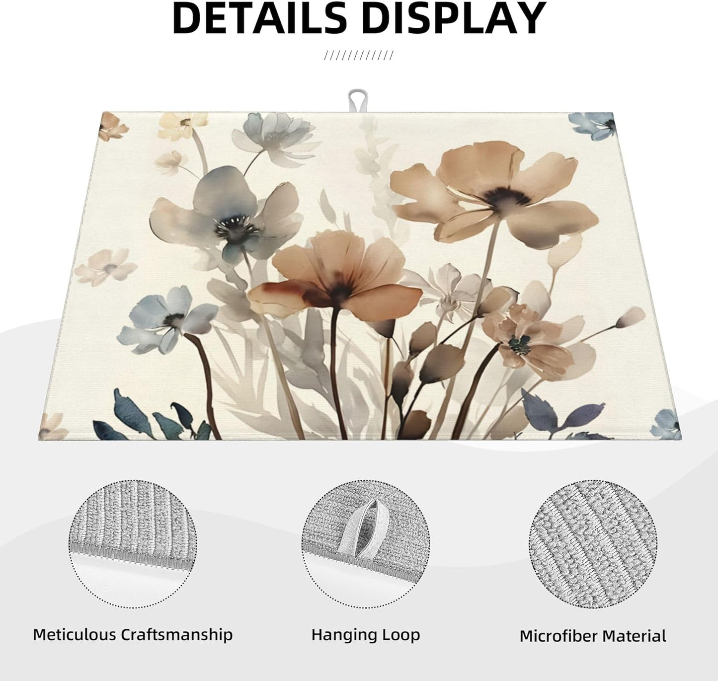 Floral Dish Drying Mat for Kitchen Counter, 18 x 24 Inch Microfiber Spring Summer Dish Mats for Drying Dishes, Absorbent Flowers Dish Drying Pad Kitchen Decor Rack Mat