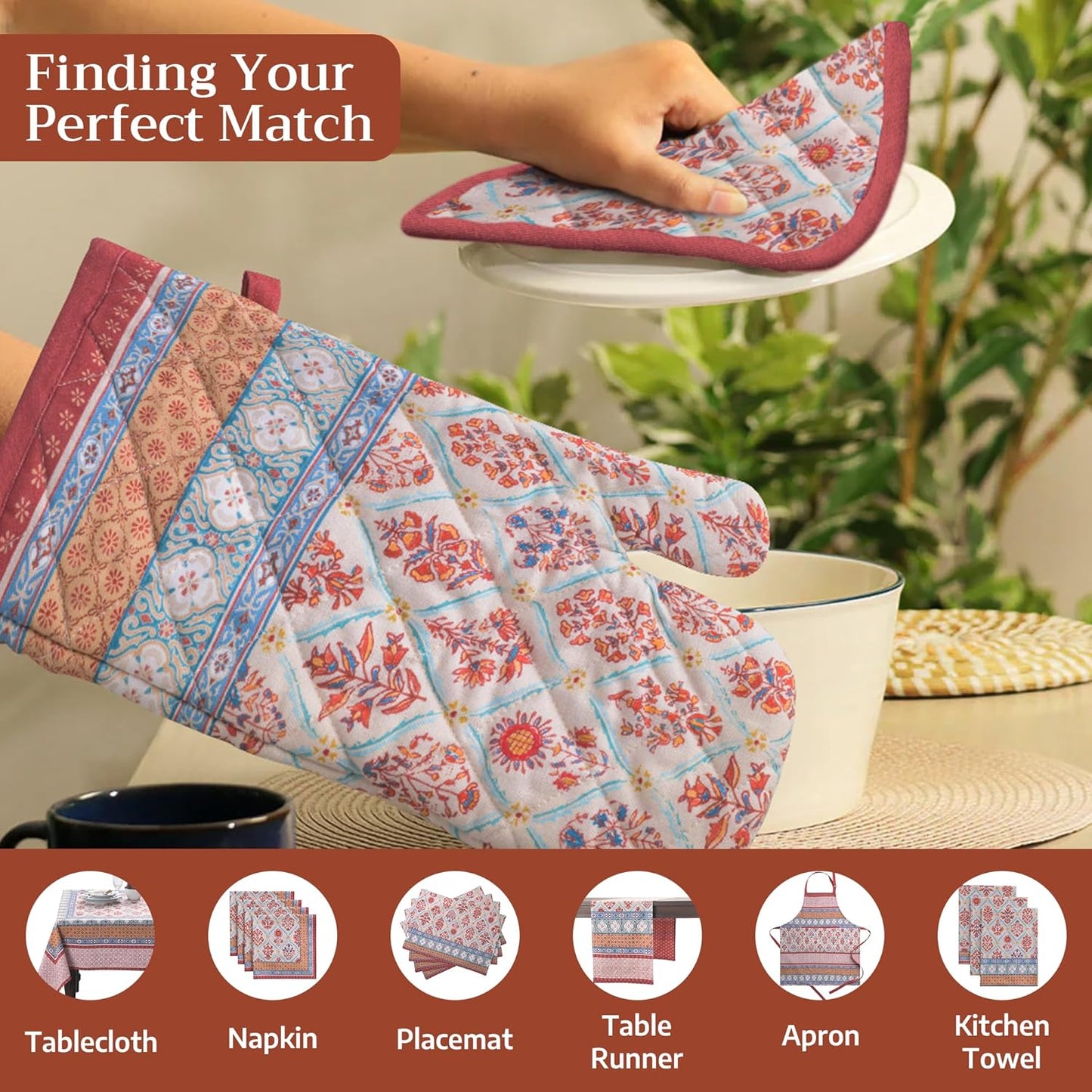 Maison d' Hermine 100% Cotton Oven Mitt & Pot Holder Set (7.5"x13" & 8"x8") Heat Resistant BBQ Cooking Gloves with Loop for Thanksgiving Christmas Decorations Handling Hot Pans (Romane)