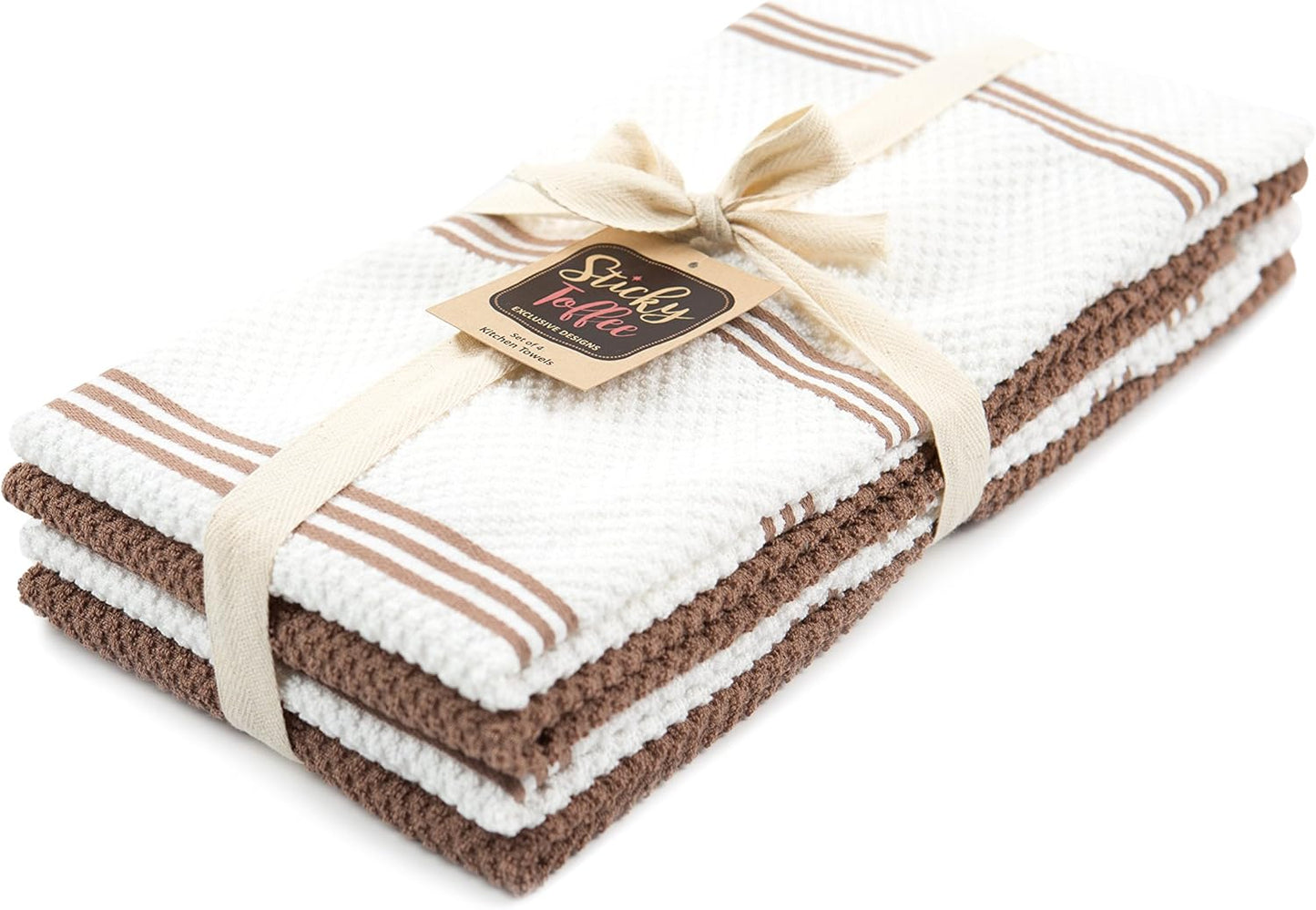 Sticky Toffee Cotton Kitchen Towels Set of 4 – Brown and White Hand Towels 28x16 in, Reusable and Absorbent Tea Towels for Cleaning or Drying, Oeko-Tex Cotton