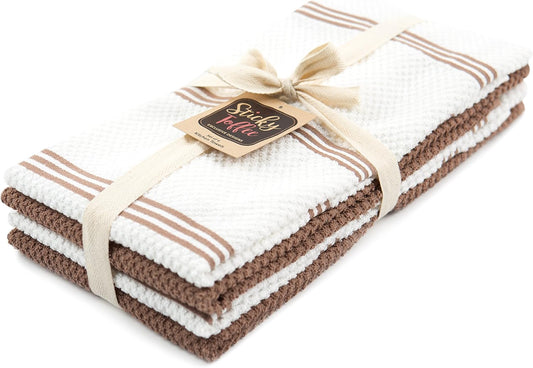 Sticky Toffee Cotton Kitchen Towels Set of 4 – Brown and White Hand Towels 28x16 in, Reusable and Absorbent Tea Towels for Cleaning or Drying, Oeko-Tex Cotton