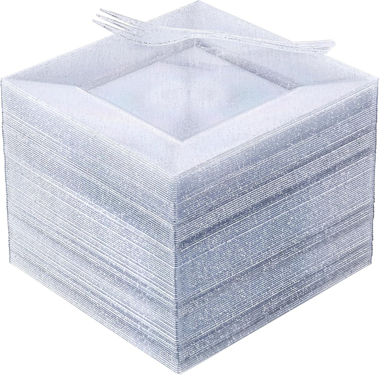 DaYammi 100Pcs Silver Dessert Plates Including 50Pcs Appetizer Plates 6",50Pcs Plastic Forks 5.7",Silver Glitter Plastic Square plate for Wedding,silver Salad plates and Cake Forks for Birthday Party