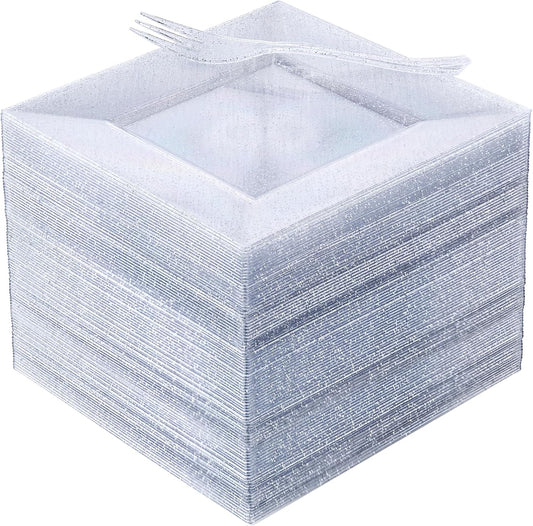 DaYammi 100Pcs Silver Dessert Plates Including 50Pcs Appetizer Plates 6",50Pcs Plastic Forks 5.7",Silver Glitter Plastic Square plate for Wedding,silver Salad plates and Cake Forks for Birthday Party