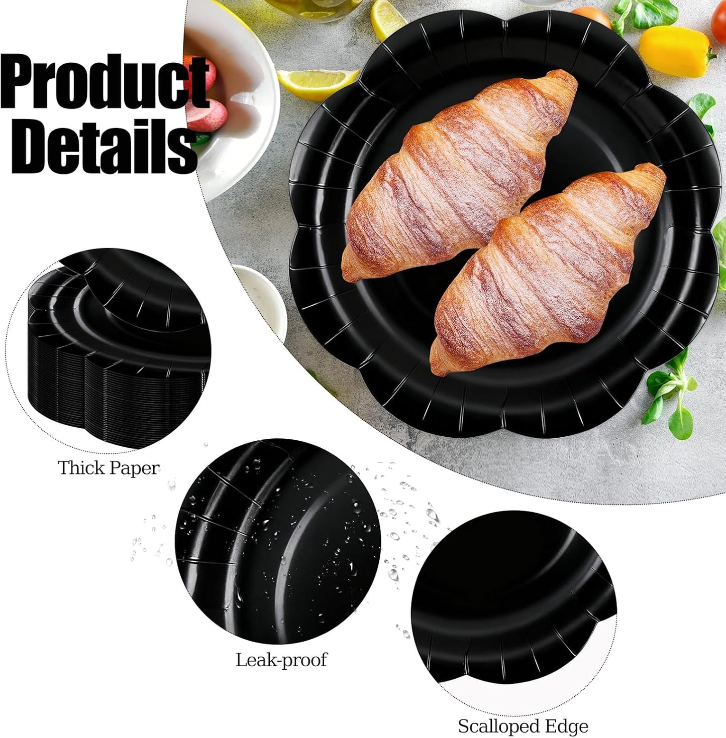 50 Pack Black Paper Plates 7 Inch, Disposable Scalloped Plates Cake Dessert Plate for Dinner Baby Shower Wedding Bridal Shower Birthday Party Supplies (Black, 7 inch)