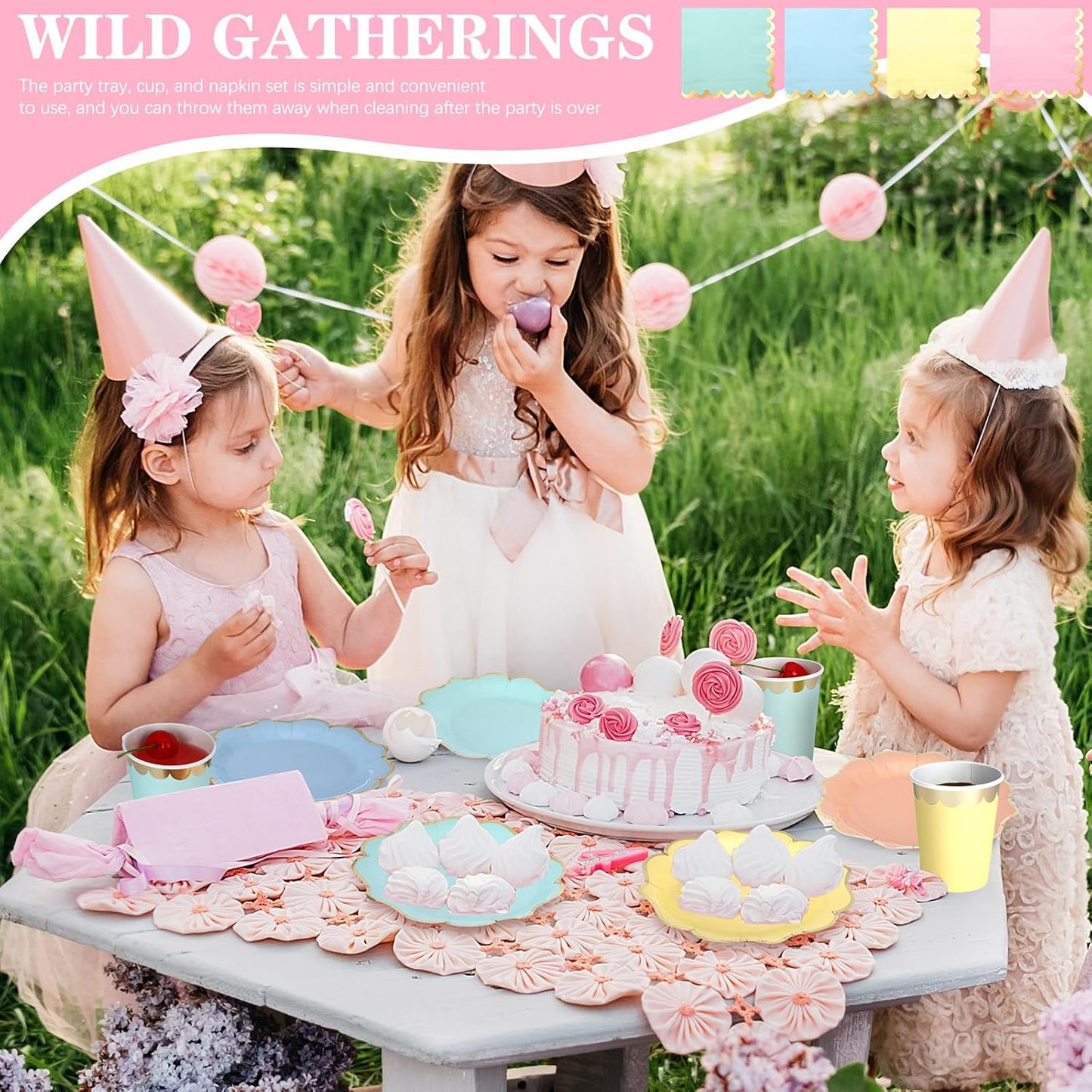 Yaomiao 168 Pcs Pastel Scalloped Paper Plates Cups Napkin with Gold Foil Macaron Colored Disposable Dinnerware Set Serve 24 Guests Princess Birthday Party Baby Shower Decorations(Multicolor,Irregular)