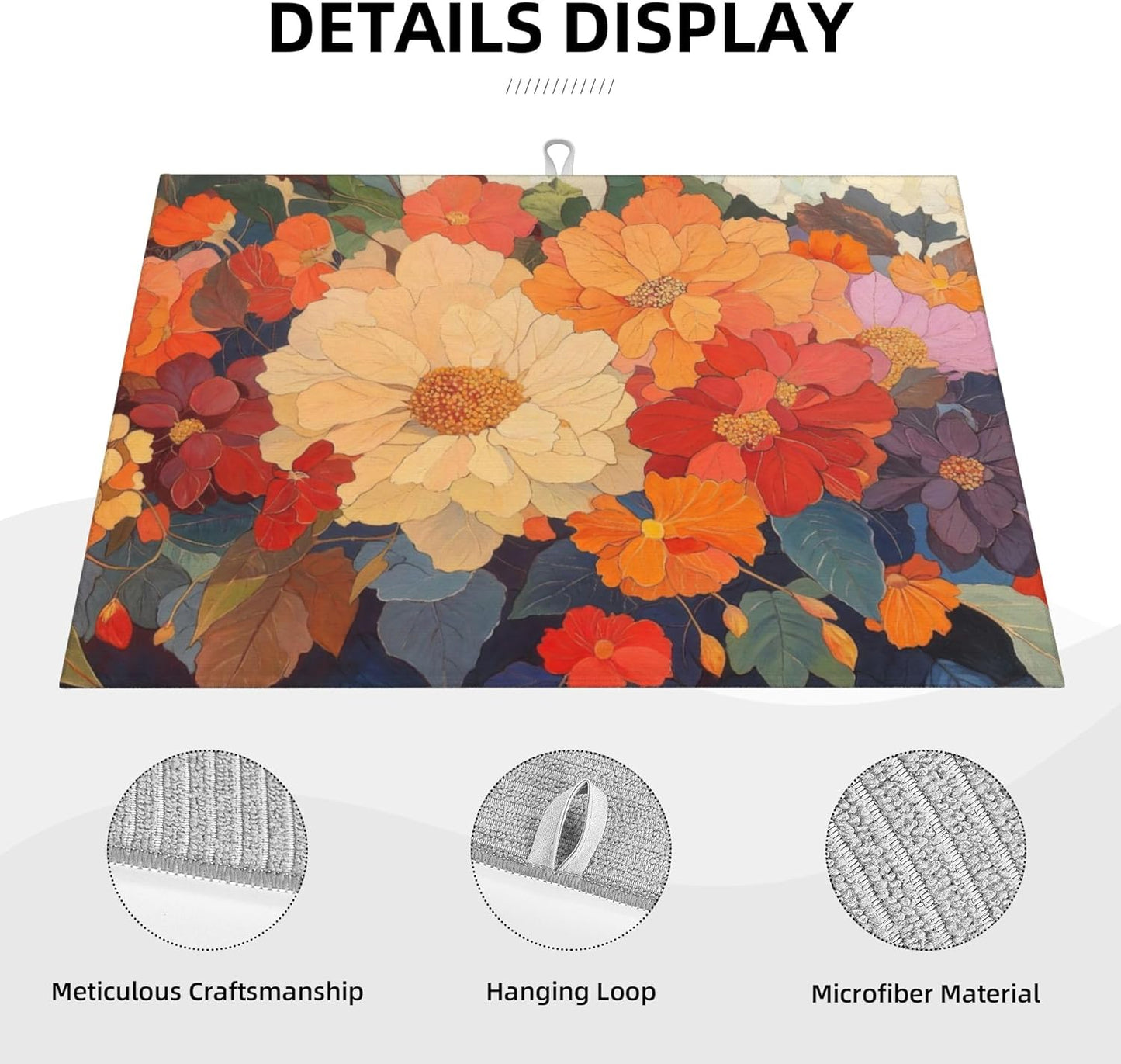 Colorful Floral Dish Drying Mat for Kitchen Counter, 18"x24" Microfiber Absorbent Fast Dry Mat, 2Pcs Dish Mat Faucet Mats Sets, Large Drying Kitchen Mat Kitchen Drying Pad Coffee Bar Decor Gifts