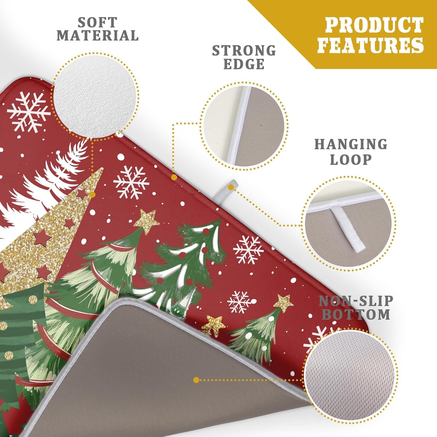 Christmas Dish Drying Mats 18x24, Farmhouse Gold Green Red Xmas Pine Trees Winter Holiday Washable Microfiber Absorbent Dishes Drainer Rack Pad for Coffee Machine Bar Sink Counter