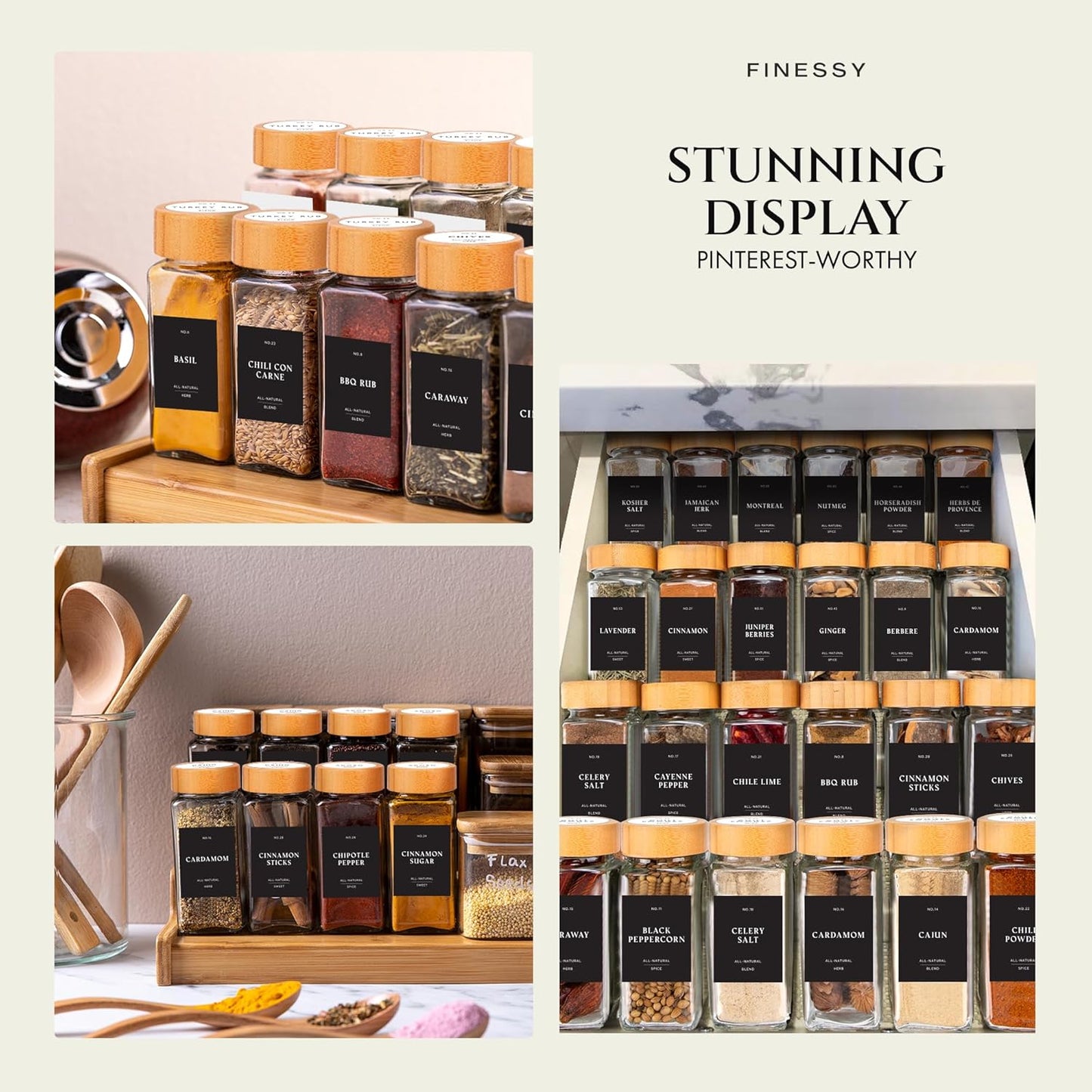 Glass Spice Jars with Label with Bamboo Lids 36 Pack Black Labels Set, 4oz Clear Empty Bottles Seasoning Organizer Jars with Shaker Lids, Small Square Airtight Spice Seasoning Containers Herb Storage