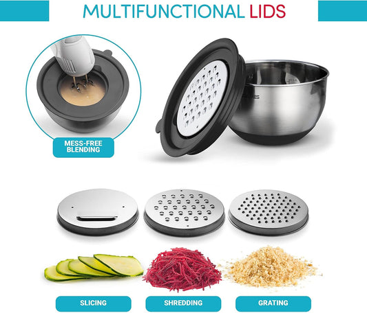 Mixing Bowls with Airtight Lids - 8PCS Stainless Steel Nesting Mixing Bowls Set with 3 Grater Attachments & Non-Slip Bottoms, Black Kitchen Bowls, Sizes 5, 4, 3.5, 2, 1.5QT for Baking & Kitchen Gift