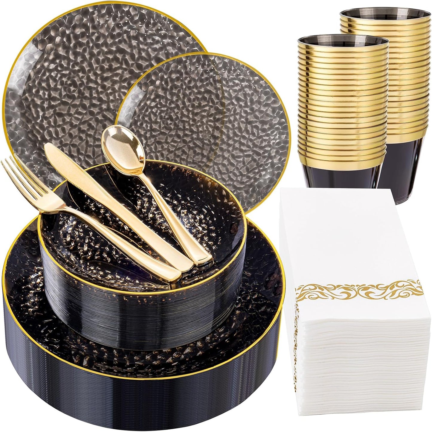 DaYammi 175PCS Clear Black and Gold Plastic Dinnerware Set for Halloween, Hammered Disposable Plates for Party, Include: 25 Dinner Plates, 25 Dessert Plates, 75 Gold Silverware, 25 Napkins, 25 Cups