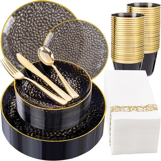 DaYammi 175PCS Clear Black and Gold Plastic Dinnerware Set for Halloween, Hammered Disposable Plates for Party, Include: 25 Dinner Plates, 25 Dessert Plates, 75 Gold Silverware, 25 Napkins, 25 Cups