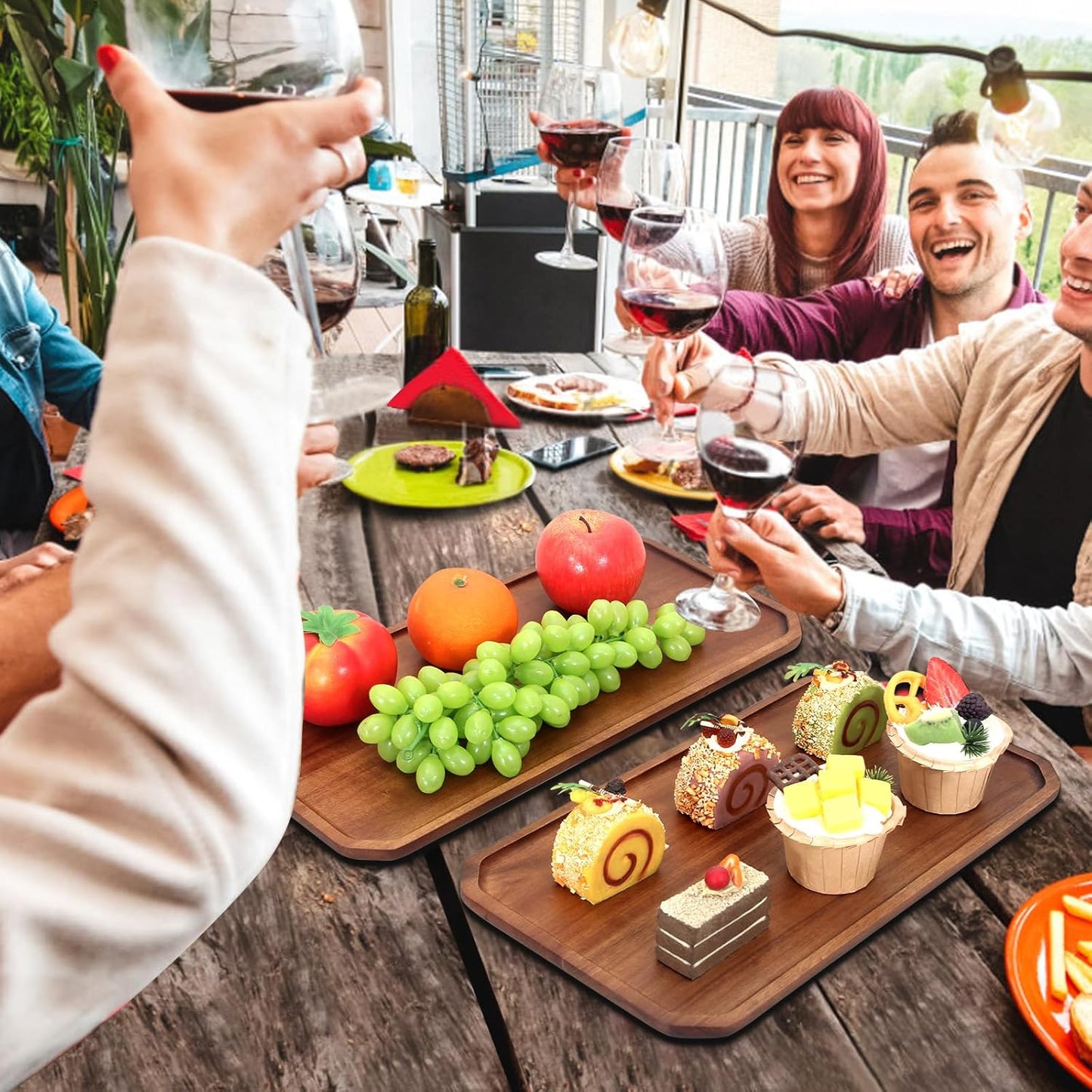 Renawe Set of 2 Wooden Serving Platters Food Tray Charcuterie Boards Large Acacia Wood Trays for Kitchen Counter Wood Charcuterie Platter Dish Candle Tray Fruit Cheese Serving Board