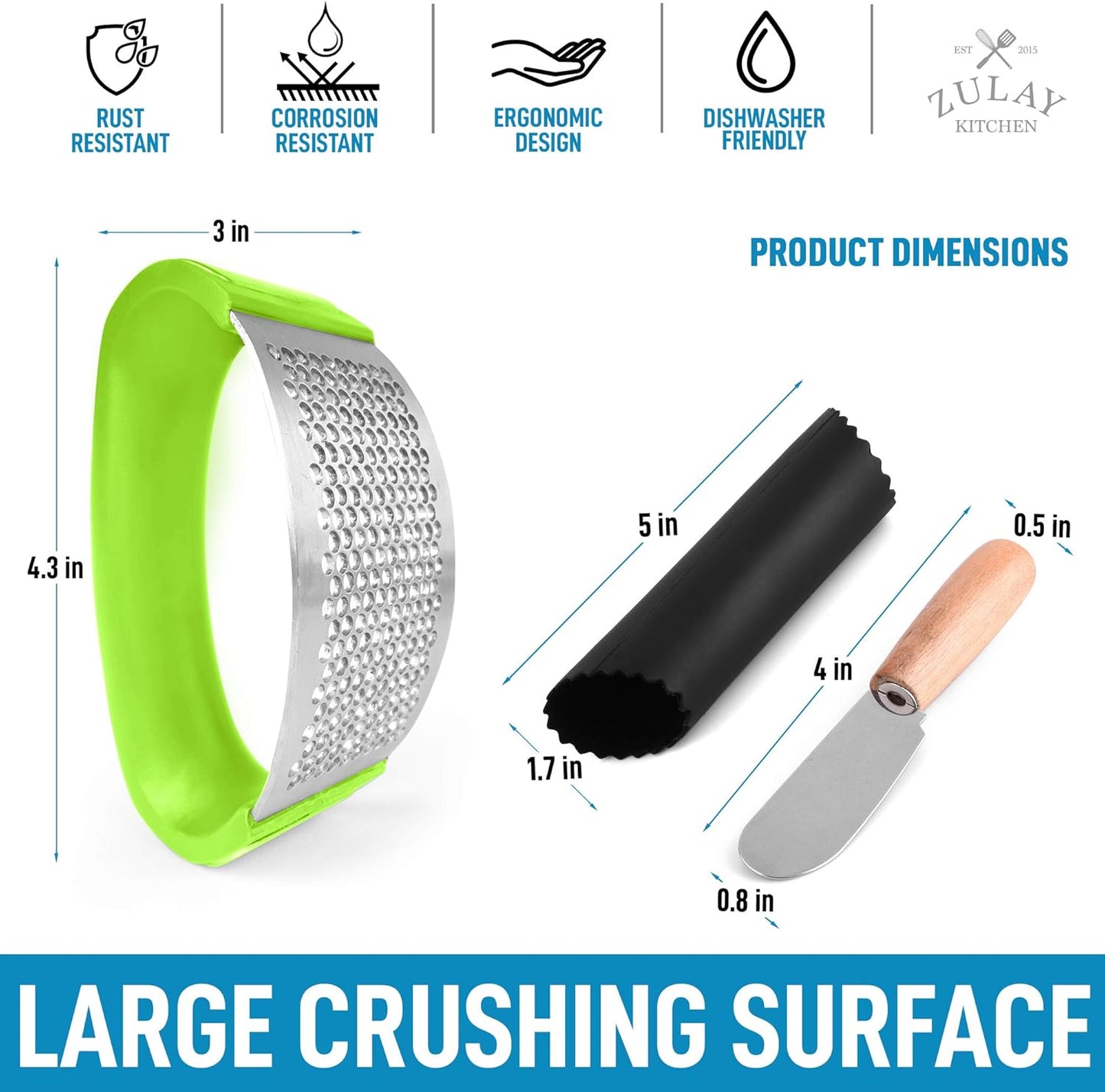 Zulay Kitchen Stainless Steel Garlic Press Rocker Set - Premium Garlic Mincer Garlic Crusher - New Innovative Garlic Crusher with Peeler and Scraper - Comfortable Grip (Green)