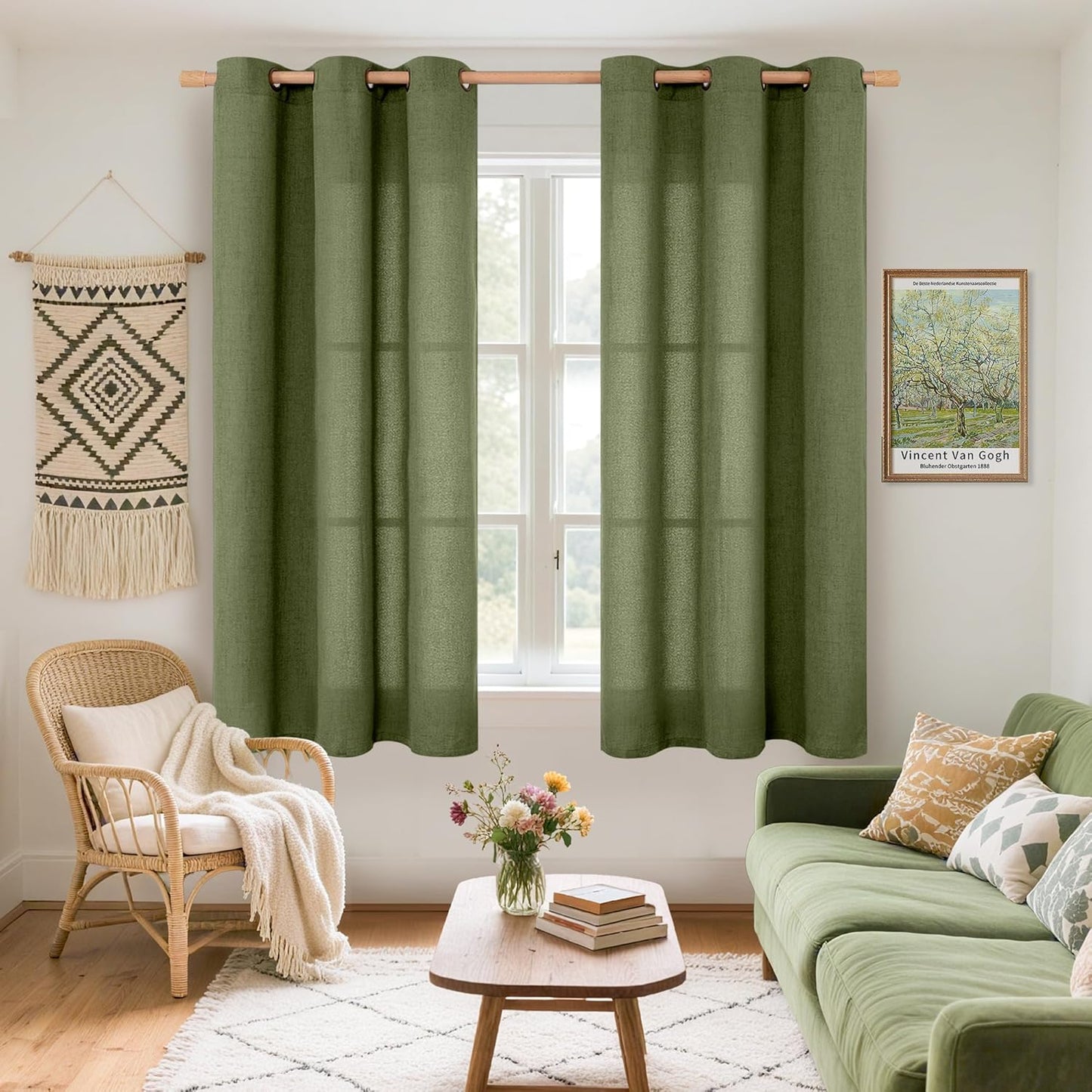 YoungsTex Olive Linen Curtains 54 Inch Length 2 Panels for Short Window, Dark Green Semi Sheer Drapes Light Filtering with Bronze Grommet for Living Room Bedroom, 42 X 54 Inch